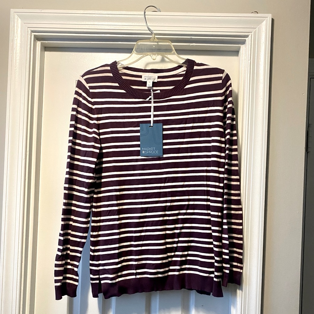 Market & Spruce NWT Size M Purple & Pink Stripe Sweater w/ Leather Elbow Patches